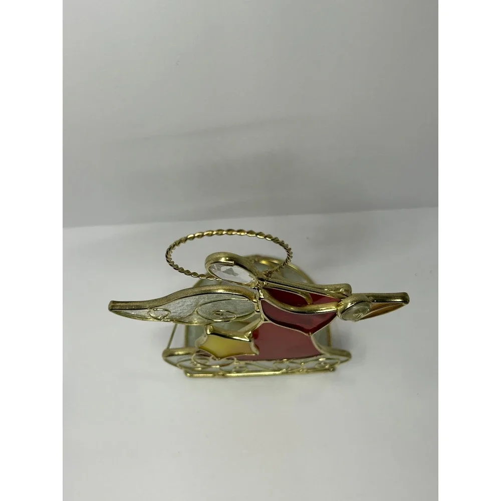 Stained Glass Angel Votive Candle Holder Red Gold Christmas Decor 6.5 Inch